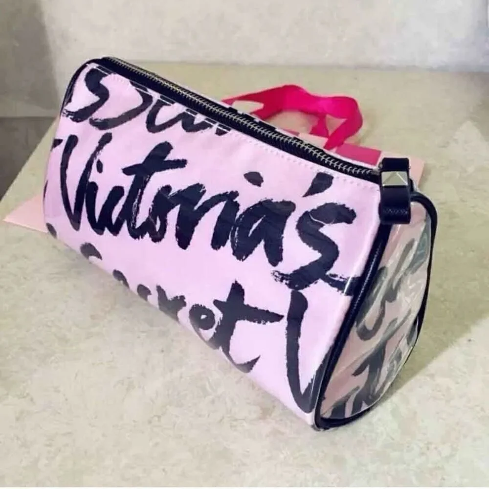 Nwt Victoria's Secret Signature Pink White Case Cosmetic Makeup Dots Lined Bag